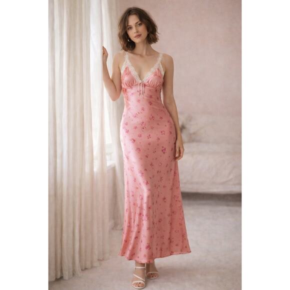 Wild Fable Other - Wild Fable Pink Satin Floral Lace Maxi Slip Dress XXS Y2K Coquette Romantic